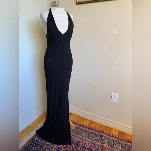 Slinky Backless Black Halter Evening Gown - Picture 3 of 9
